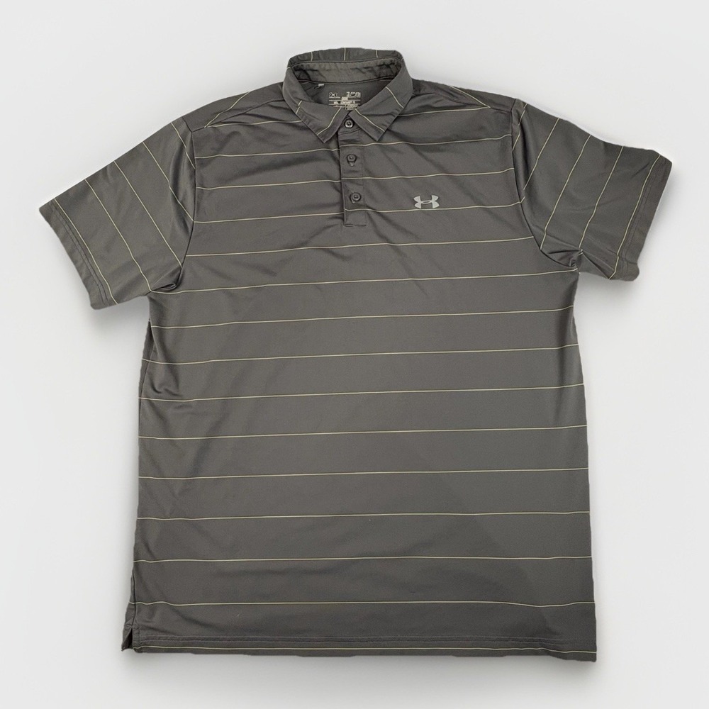Under Armour HeatGear Polo Shirt Mens XL Gray Yellow Striped Loose Fit Golf